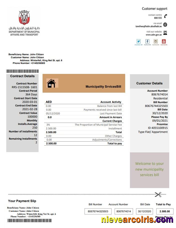 United Arab Emirates Abu Dhabi Municipality Service utility bill